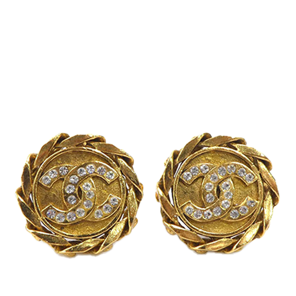 Pre-Loved Chanel CC Gold Plated and Strass Round Clip On Earrings